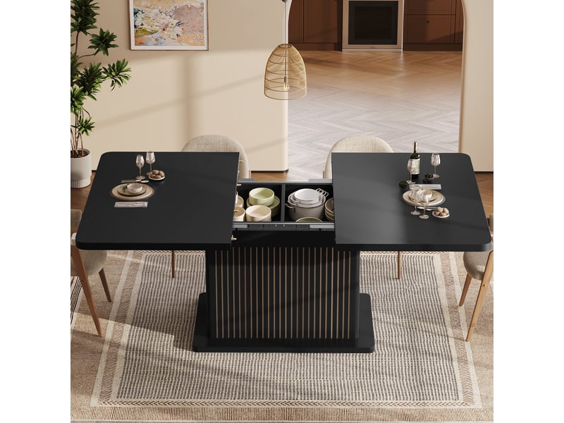  Table à manger extensible 120160 x 80 x 76 cm, rangement dissimulé, bandes verticales en relief, design moderne, mdf, noir Bliss Lite - Conforama E