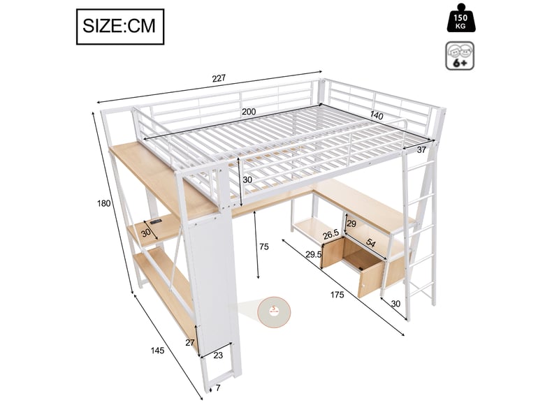  Lit mezzanine 140 x 200 cm, structure métal, led, bureau, étagères, panneau perforé, usb, sans matelas, blanc  - Conforama B
