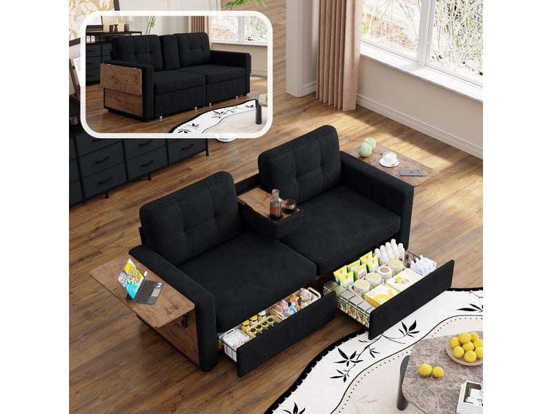  Canapé droit, 2 places, avec 2 compartiments de rangement et assise réglable, porte-boissons, 178 x 71 x 57 cm, noir  - Conforama D