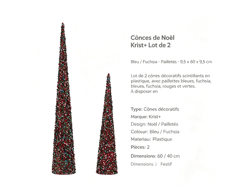  Cônes de noël krist+ bleu fuchsia pailletés lot de 2 S3612039 - Conforama D