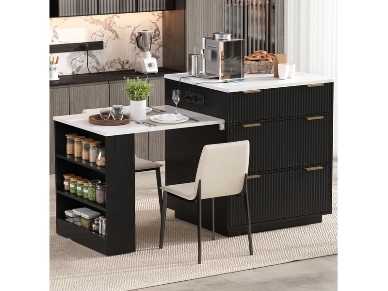  Îlot de cuisine à roulettes 127.5x67x92 cm extensible led mdf noir  - Conforama E