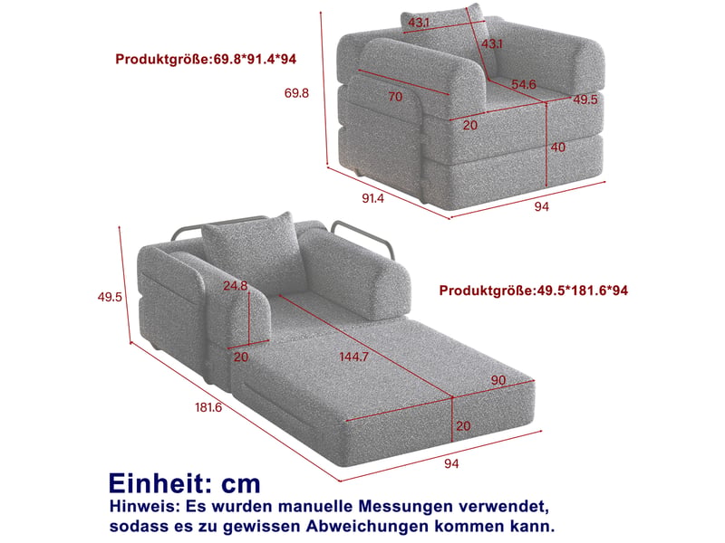  Canapé-lit une place 91.4x94x69.8 cm — rangement dans l’accoudoir, convertible, structure métal, chenille kaki  - Conforama C