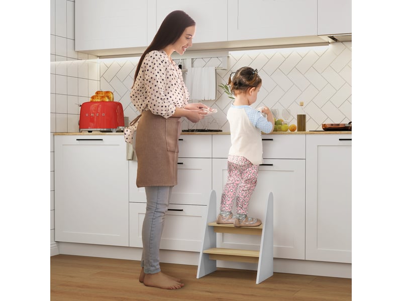  Tabouret enfant à 2 marches, tour d'apprentissage pour enfants de 3 ans et plus, pour salle de bain, cuisine, bibliothèque, chambre, blanc  - Conforama B