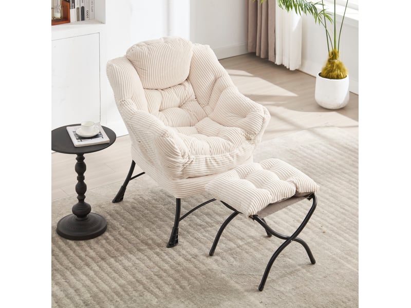  Fauteuil relax avec repose-pieds et poche latérale en flanelle et acier blanc  - Conforama B