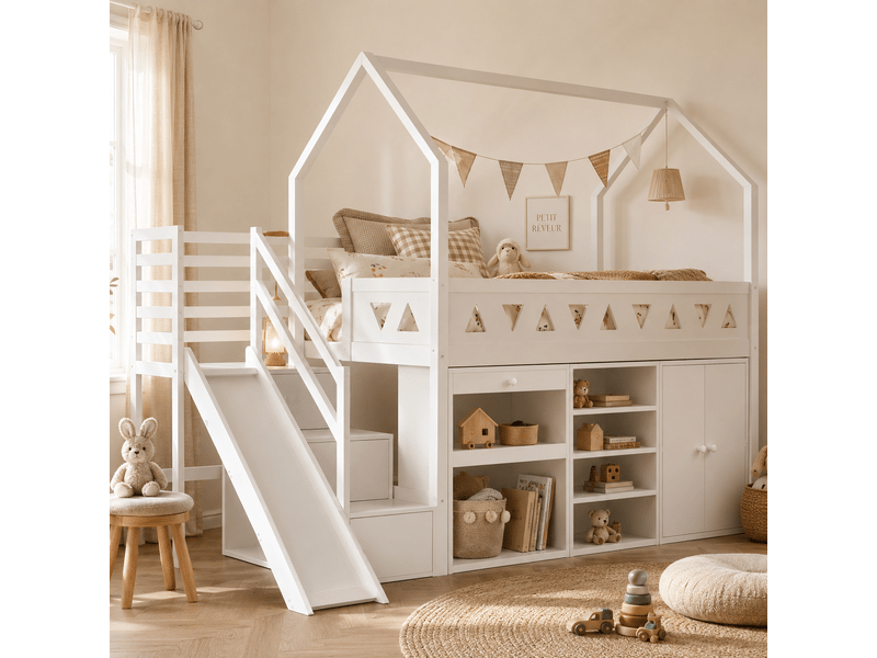  Lit enfant avec toboggan et escalier, lit simple 90x200 cm en bois massif, lit enfant avec armoire et tiroirs de rangement, blanc.  - Conforama E