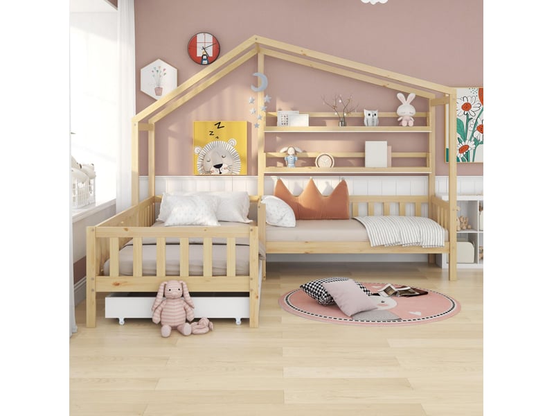  Lit maison enfant en l 90x200 cm + 140x70 cm avec tiroirs et rangements bois et mdf naturel sans matelas  - Conforama D