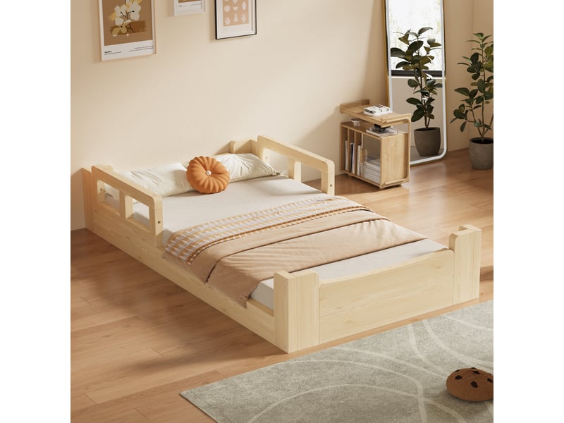 Lit évolutif enfant 90x200cm en bois naturel, lit bas avec barrières ou lit simple avec banquette, sommier à lattes intégré, pratique au quotidien - Conforama C
