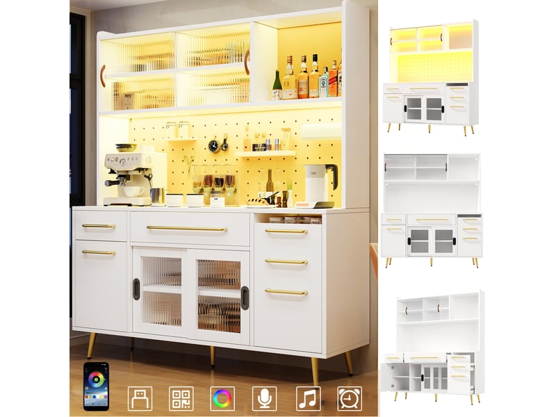  Buffet haut modenvie avec éclairage led et panneau perforé 145 x 39 x 171 cm blanc  - Conforama E