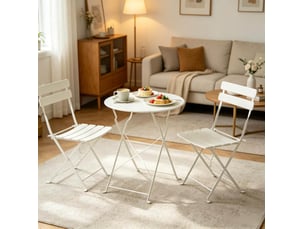 Salon de jardin pliant 3 pièces en métal beige, table ronde et 2 chaises
