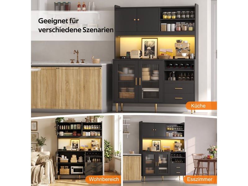  Buffet haut 130x40x172cm avec éclairage led, prises, casiers à bouteilles et étagères coulissantes, vitrine, noir evarich - Conforama D