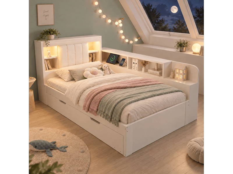  Lit gigogne 90x190 cm avec rangements, liseuses et ports usb, blanc  - Conforama D