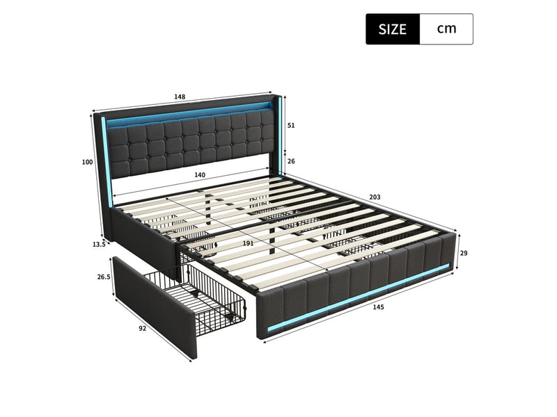  Lit adulte 2 places 140x190 cm, lit double avec rangement, led, port usb, 4 tiroirs, lin gris foncé  - Conforama C