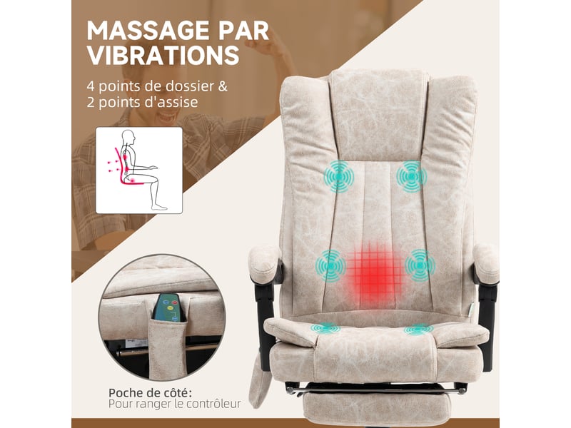  Fauteuil de bureau massant et chauffant avec hauteur réglable, repose-pied et télécommande, dossier inclinable, crème  - Conforama A