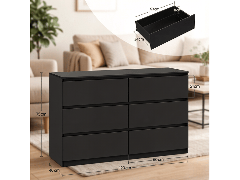  Commode avec 6 tiroirs 120 x 75 x 40 cm – noir – meuble de rangement sans poignées pour salon, chambre et entrée  - Conforama C