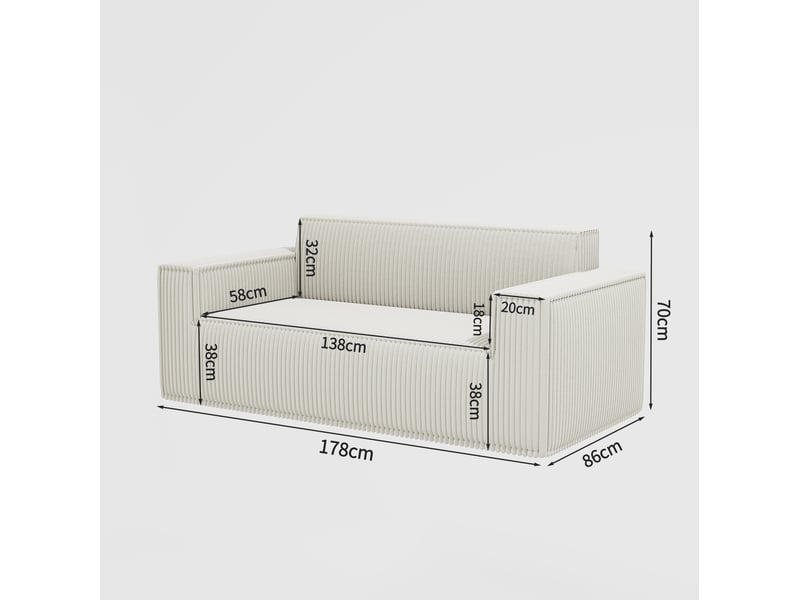  Canapé droit 2 places 178x86x70 cm en velours côtelé blanc cassé  - Conforama C
