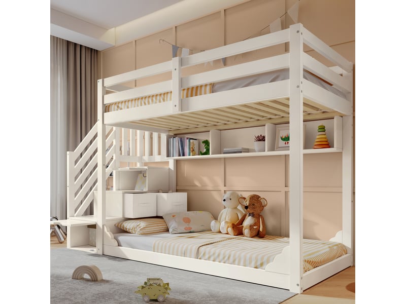  Lit superposé enfant 2 x 90x200 cm blanc avec escalier, rangements sans matelas  - Conforama D