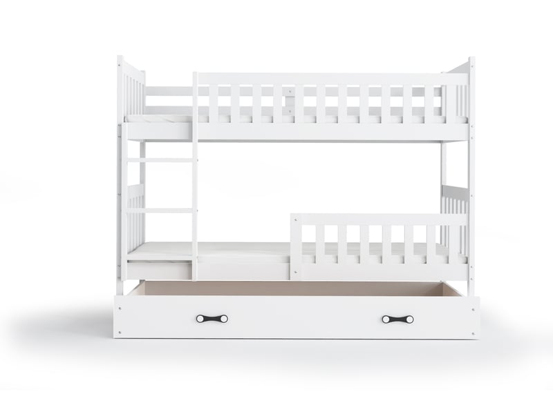  Lit superposé séparable 90x200 cm QUBA Interbeds - Bois massif de pin avec barrière, sommier et tiroir - Blanc QUBA - Conforama W