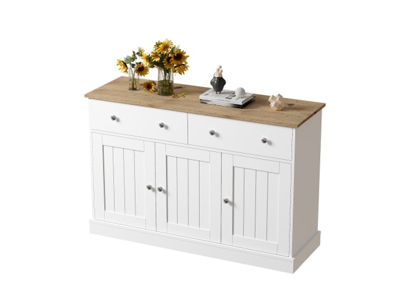  Buffet bass, meuble de rangement, avec texture gravée, 3 portes et 2 tiroirs, 120 x 36 x 80,5 cm, armoire de cuisine, blanc  - Conforama A