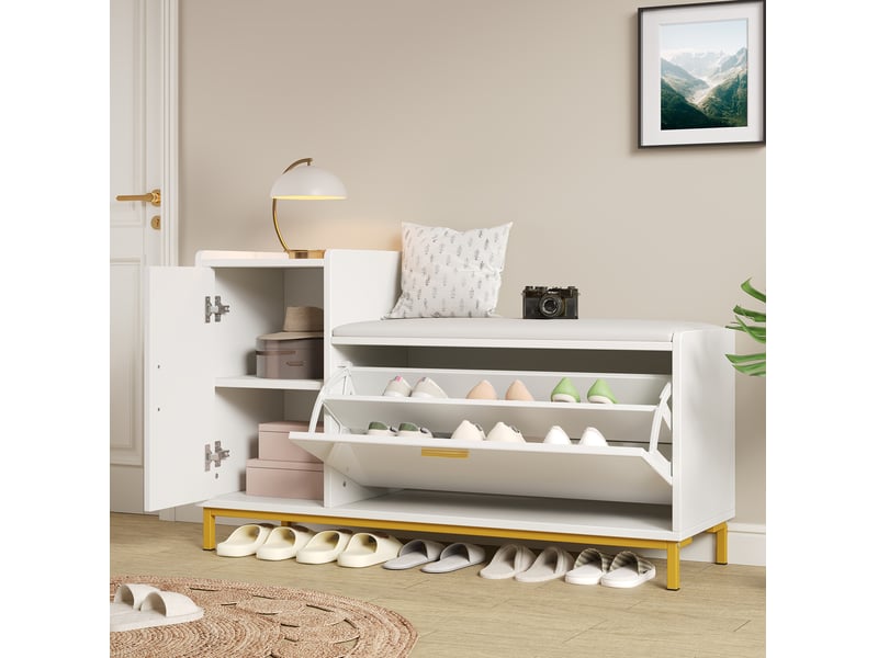 Meuble à chaussures 100x38x68 cm rangement 2 niveaux siège rembourré pieds dorés panneau de particules, métal blanc doré  - Conforama W