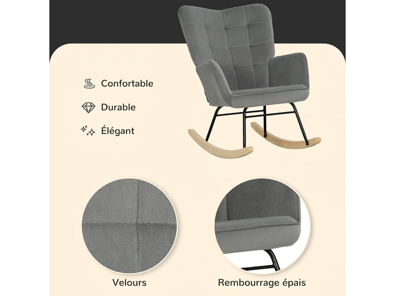  Fauteuil à bascule gris foncé, fauteuil d'allaitement confortable avec accoudoirs, revêtement velours, base en bois, 71x98x101 cm  - Conforama W
