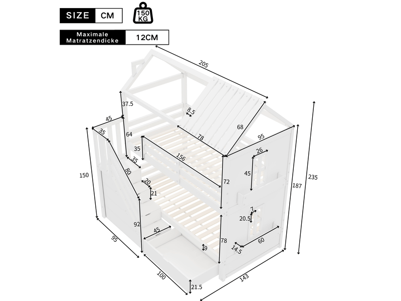  Lit superposé enfant 90x200 cm – blanc – escalier de rangement, tiroirs et étagères, sommier inclus  - Conforama C