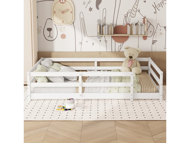  Lit enfant montessori au sol 140x200 cm avec sommier à lattes et barrières blanches  - Conforama D