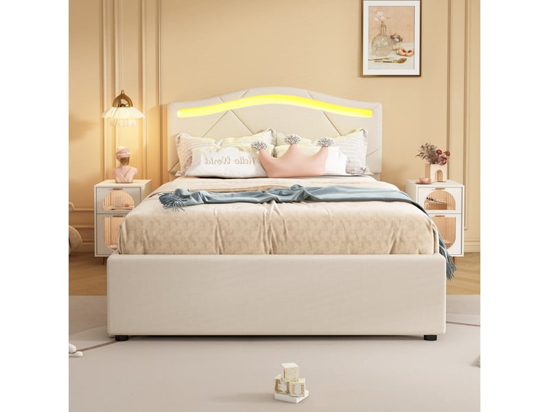  Lit avec rangement 90x200 cm en lin beige avec led, 2 tiroirs et tête de lit réglable  - Conforama E