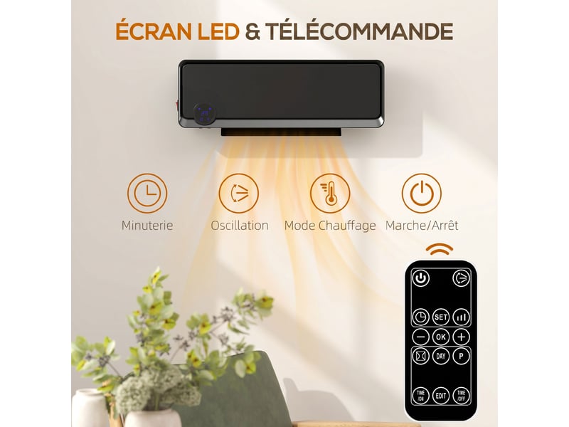  Radiateur mural soufflant oscillant 2000 w, chauffage céramique ptc, 3 niveaux de puissance, 56x11,7x18,5cm, noir  - Conforama E