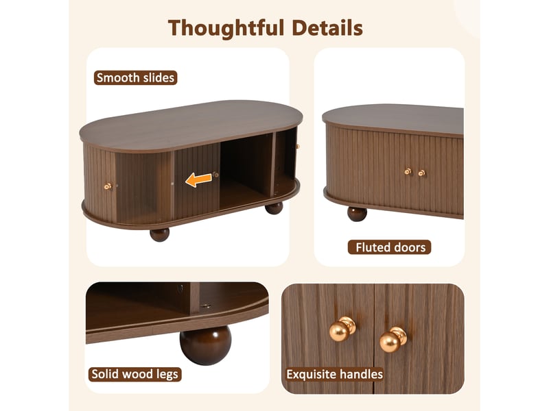 Table basse 100x50x40 cm noyer, portes coulissantes 360°, rangement, 4 pieds - Conforama E