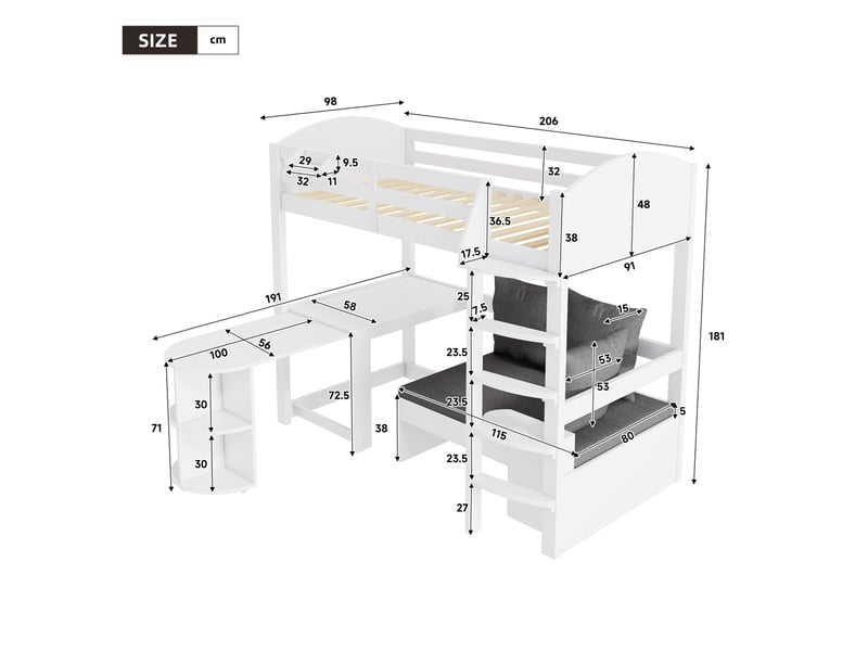  Lit mezzanine enfant multifonction blanc 90 x 200 cm avec bureau coulissant et canapé de rangement  - Conforama E