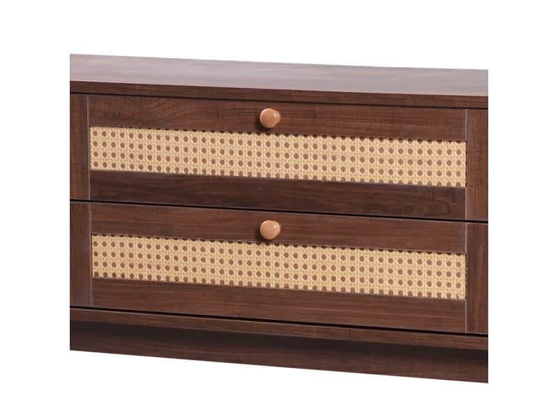  Meuble tv 170x39,5x46 cm avec portes en bois et tiroirs en rotin tressé, design naturel, mdf finition bois naturel  - Conforama E