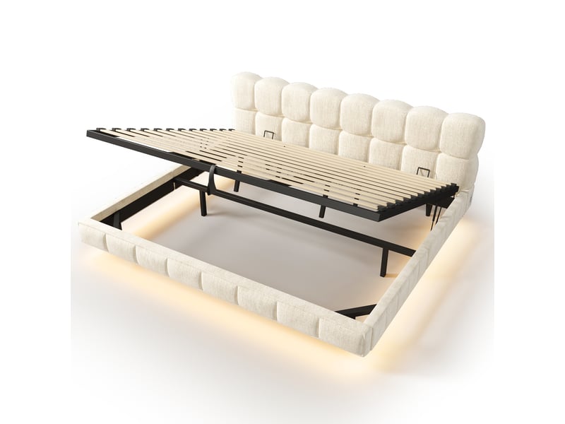  Lit coffre bubble en chenille beige 160x200 cm avec led, usb et type-c Fay Lum - Conforama E