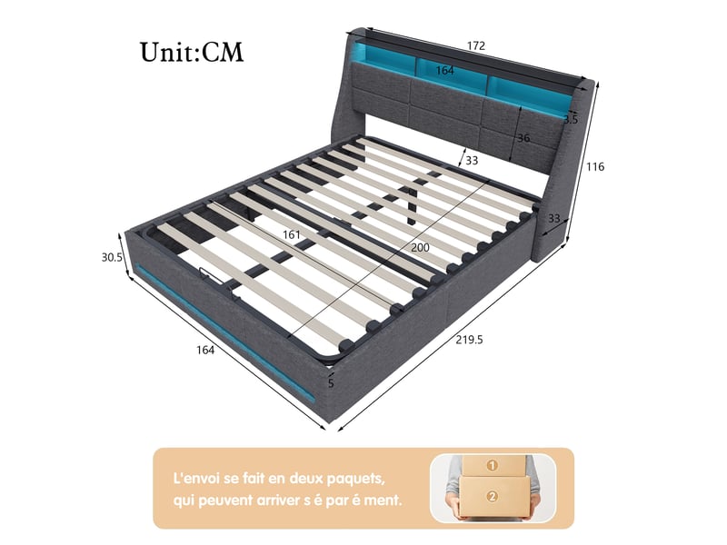  Lit 160x200 avec sommier ,lit coffre 160 x 200 avec led et usb ,lit double avec sommier à lattes, tissu lin,gris  - Conforama C