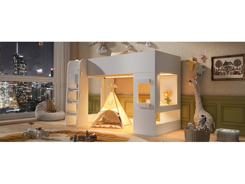 Lit superposé en bois 90x200 cm blanc mdf avec bureau intégré éclairage led et garde-corps haut Sol Morn - Conforama B