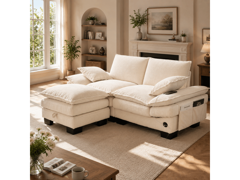  Canapé modulable, canapé 2 places – en velours tricoté, poches latérales, beige, mousse haute densité, port usb, avec pouf  - Conforama R