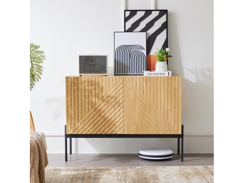  Buffet bas 2 portes avec pieds en métal, design à lignes, naturel, 100 x 40 x 75 cm  - Conforama D