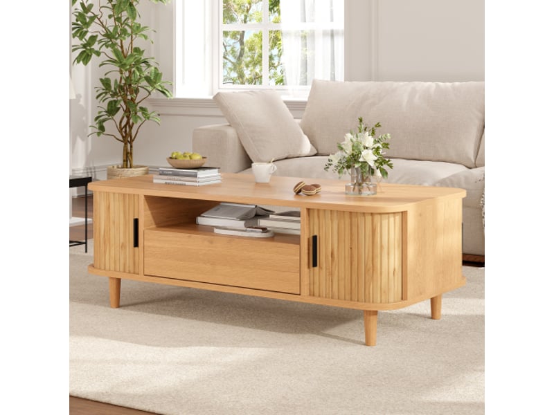  Table basse 100x50x35 cm naturel, 1 tiroir, 2 portes rideau, niche ouverte, pieds bois, mdf et panneaux, charge 30 kg  - Conforama C