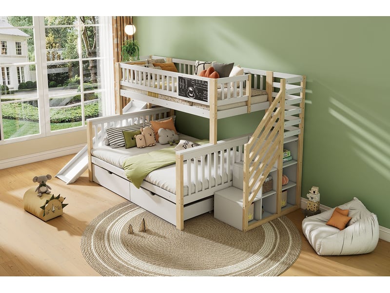  Lit superposé enfant avec toboggan et tableau noir 140x200 cm et 90x200 cm blanc bois massif de pin avec escalier et rangements Sol Morn - Conforama E