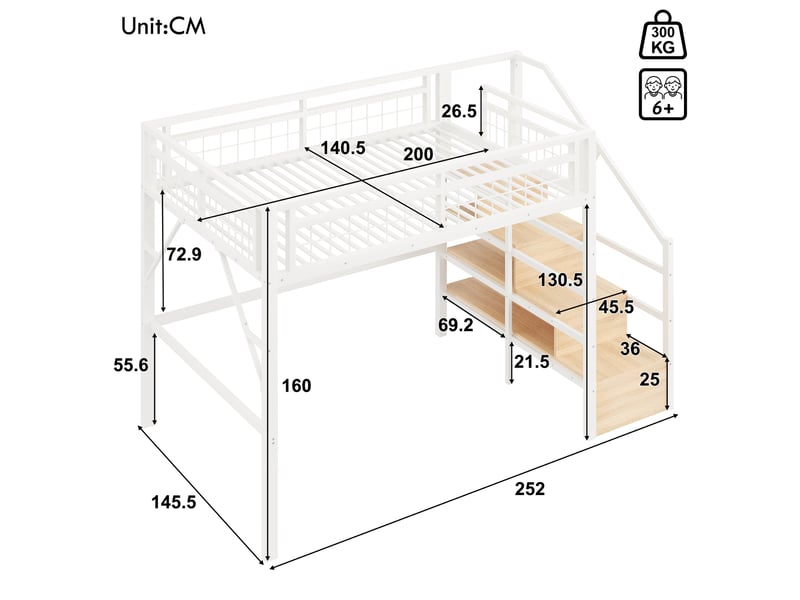  Lit mezzanine enfant 140x200 cm, led, marches avec rangement, cadre en métal, blanc, pour chambre enfant, sans matelas  - Conforama C