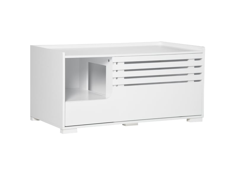  Meuble pour litière féline 90 x 48 x 43,5 cm – blanc – 2 étagères et porte magnétique surélevée  - Conforama A