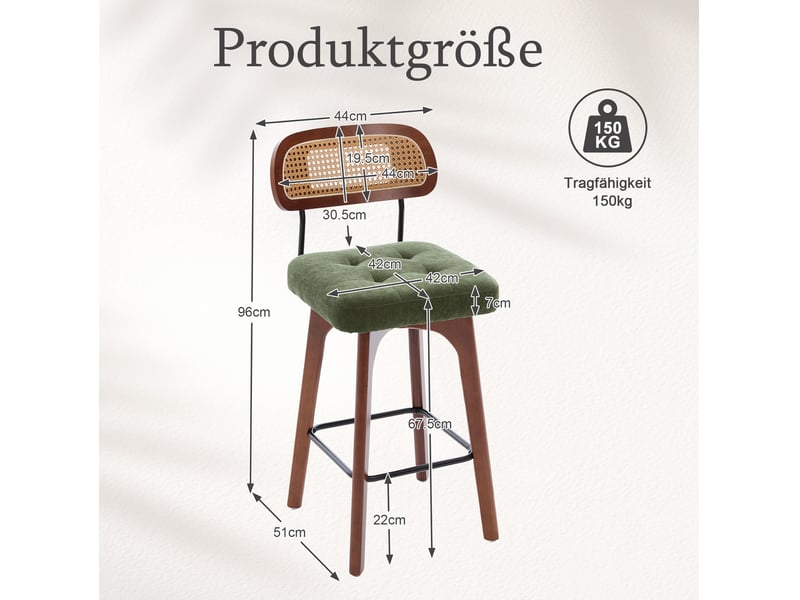  Lot de 2 tabourets de bar pivotants 360° 44x51x96 cm en chenille verte  - Conforama C