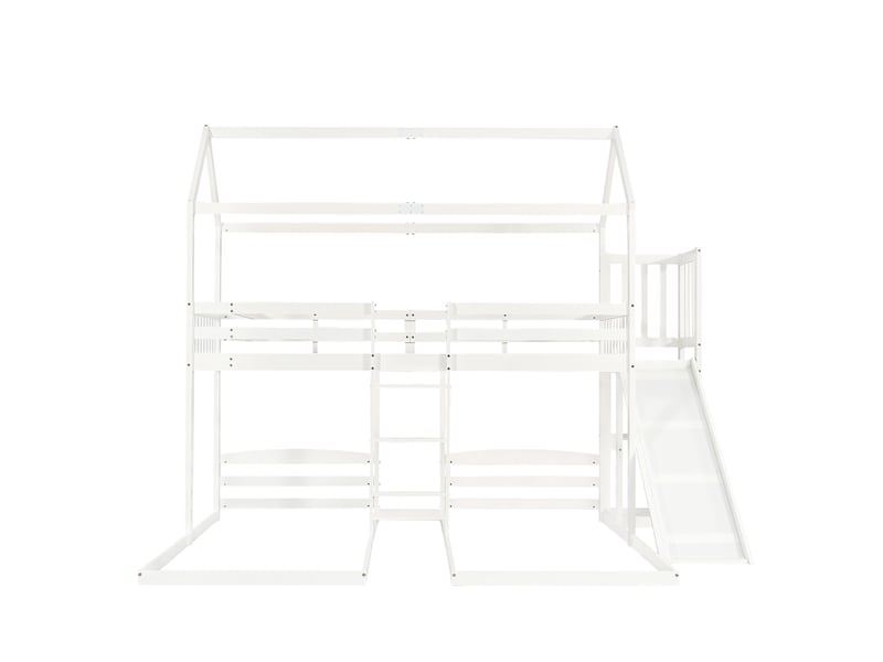  Lit superposé triple cabane avec toboggan - 3 couchages de 90x200cm - échelle à 3 échelons et rangement près du lit supérieur - avec sommier à lattes - blanc  - Conforama A