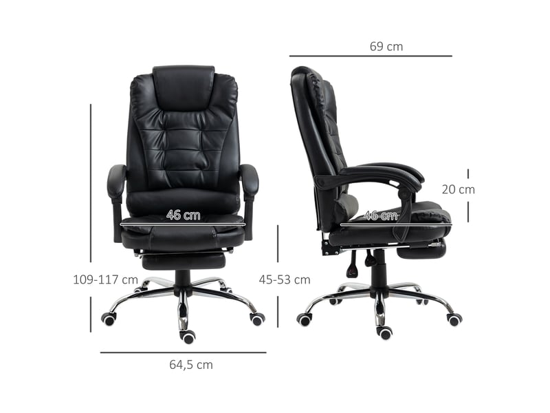  Fauteuil de bureau, chaise bureau, fauteuil manager, revêtement synthétique pu, 64.5x69x117cm, noir  - Conforama E
