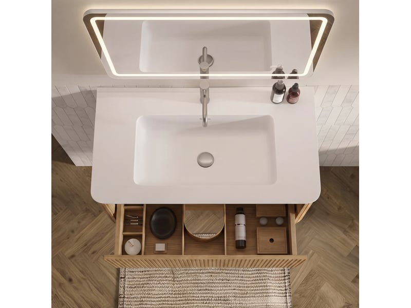 Ensemble meuble de salle de bains 80 cm avec lavabo et miroir led, mdf, coloris chêne - Conforama D