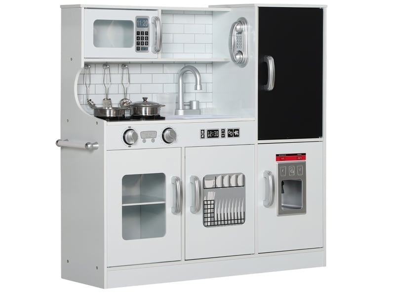 Cuisine jouet pour enfants 83.8x26.8x81 cm avec téléphone, tableau noir, micro-ondes, cuisinière, évier, accessoires, mdf, blanche - Conforama A