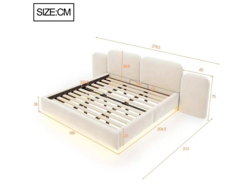  Lit capitonné 180×200 cm, rangement hydraulique, bandeau led, ports de charge, sommier à lattes stable, velours beige  - Conforama C