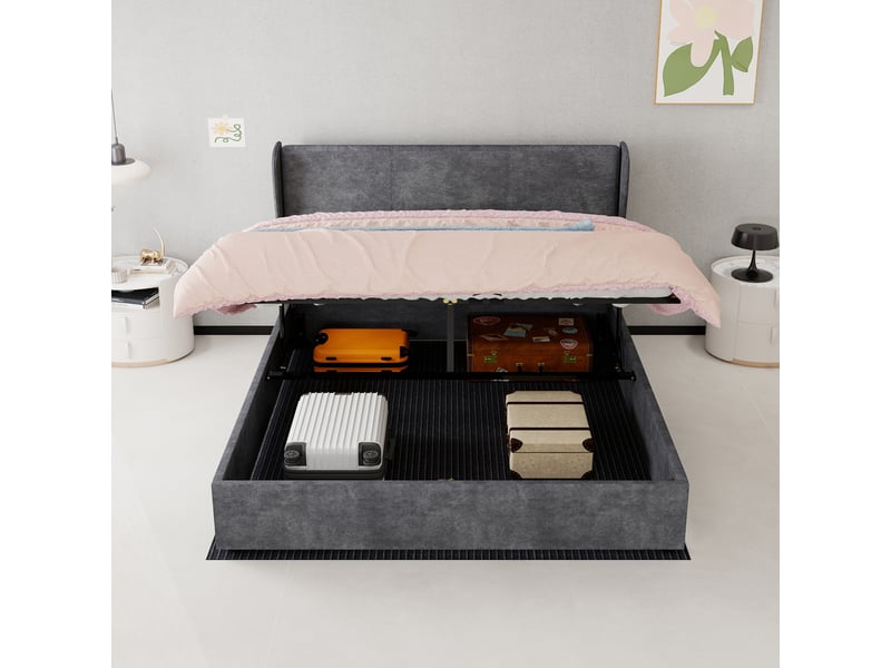  Lit adulte double 160×200 cm, tête de lit rembourrée - okmyhome- structure stable en tissu gris, sans matelas  - Conforama C