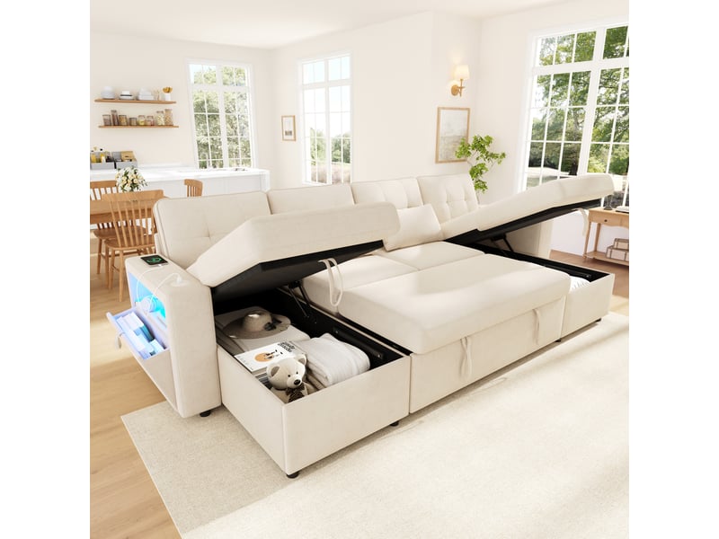  Canapé panoramique convertible en lit  273 cm, 4 places en u avec double méridienne, rangements, usbtype-c, éclairage led, 2 coussins, chenille, beige  - Conforama C