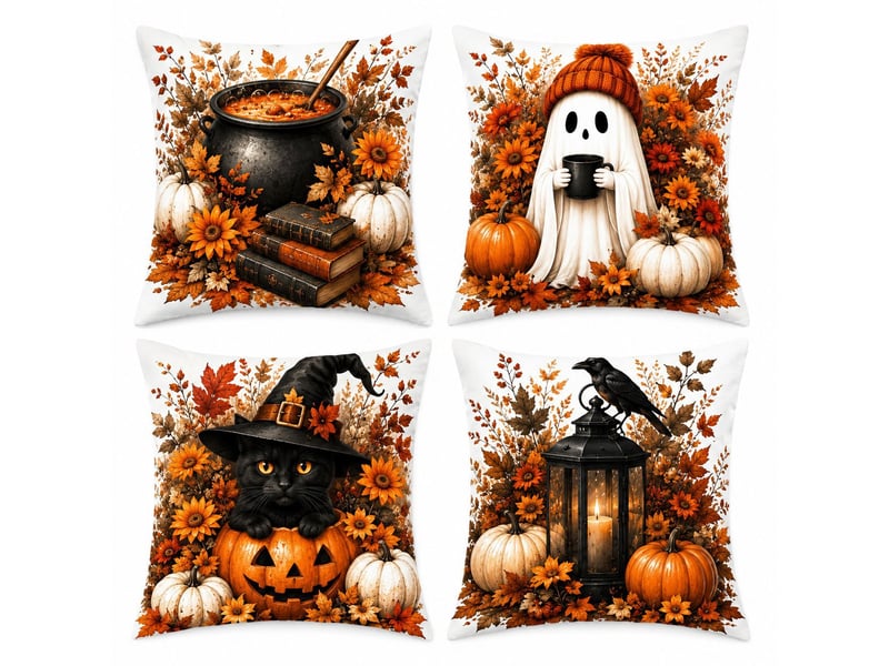  Lot de 4 housses de coussin 45x45cm, motif automnal – déco intérieure pour canapé et chambre (sans oreiller)-style 3  - Conforama A