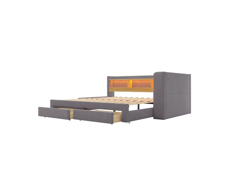  Lit banquette 90x200 cm – gris – couchage extensible 180x200 cm, tiroirs, led et prise - sans matelas  - Conforama D